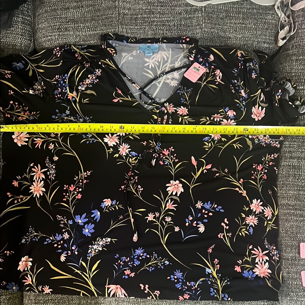 CeCe Black Floral V-Neck Blouse with Pink and Blue Accents
